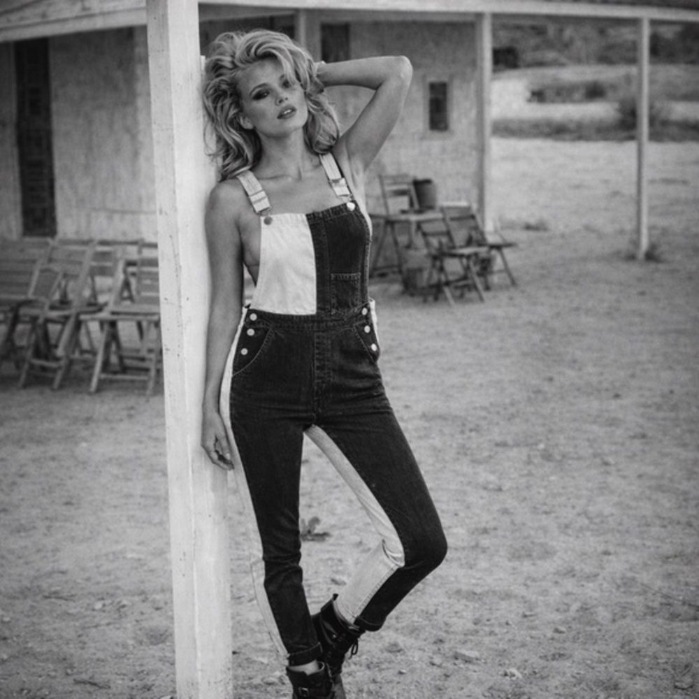 Guess vintage black and white color block slim overalls
